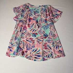 Emily Wonder Womens Pink Mint Blue Abstract Shell Print Ruffle V-Neck Top Large